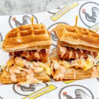 Waffle Sandwich · Sandwich with waffle crust, chicken tender, mac n' cheese, coleslaw, pickles, and special sa...