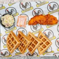 Hot Chicken & Waffle · Waffle cut into four pieces with chicken tender on the side. Served with coleslaw, syrup, an...