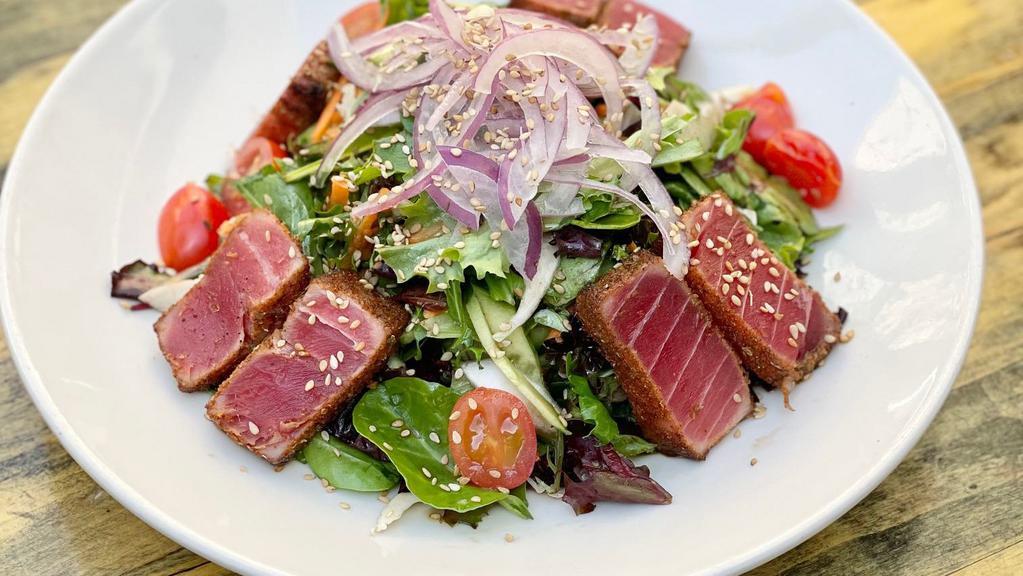 Southampton Salad · Seared ahi tuna, mixed organic baby greens and napa cabbage, cucumber, roasted cherry tomatoes, carrots & red onions  w/ sesame dressing.
*Gluten-Free, Dairy-Free