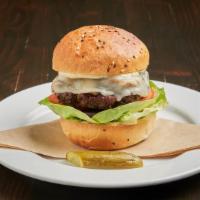Angus Beef Burger · Freshly ground & charbroiled. With provolone, mushrooms, lettuce, tomato, onion & roasted ga...