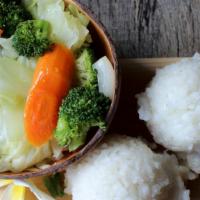Veggie Mini Plate · Assorted steamed vegetables served with 2 scoops of rice.  NOTE: There are no substitutions ...