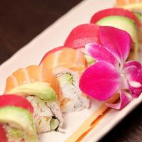 Candy Roll · in: shrimp tempura, avocado, crab, 
out: tuna, salmon, avocado,eel sauce, spicy mayo