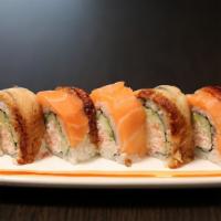 Tiger Roll · in: california roll, 
out: salmon, eel, eel sauce, spicy mayo