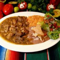 Chile Verde (Combo) · Pork in spicy green salsa, with a side of rice, beans, and tortillas.