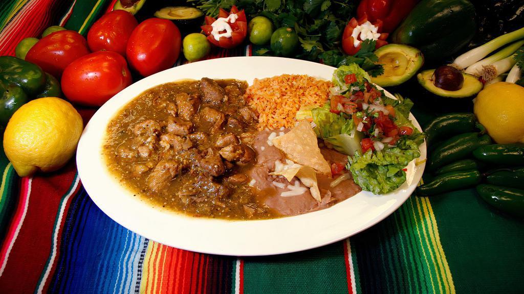 Chile Verde (Combo) · Pork in spicy green salsa, with a side of rice, beans, and tortillas.