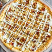 Chicken Bacon Ranch · Grilled chicken, smoked bacon, and drizzled ranch atop melted mozzarella cheese.