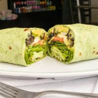 Veggie Wrap · Tomato, spinach, onion, avocado, cucumber, olives, lettuce, your choice of hummus, pesto, or...