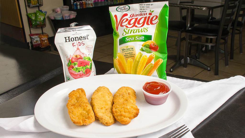 Chicken Strips · Three strips with your choice of ranch, ketchup or bbq sauce.