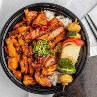 Spicy Chicken Teriyaki Bowl · Spicy. Grilled Chicken with spicy teriyaki sauce. Served on steamed white rice with a veggie...