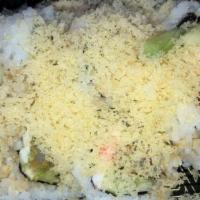 Salmon Crunch Roll · salmon on top of shrimp tempura roll, crunch, spicy mayo, eel sauce