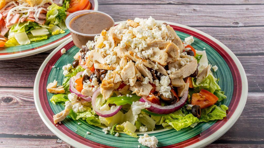 Greek Grilled Chicken Salad 2 Sizes · Individual Size $13
Family Size $26
Mixed greens, chicken, tomato, bell pepper, red onion, olives, feta, and balsamic vinegar. Served with garlic bread