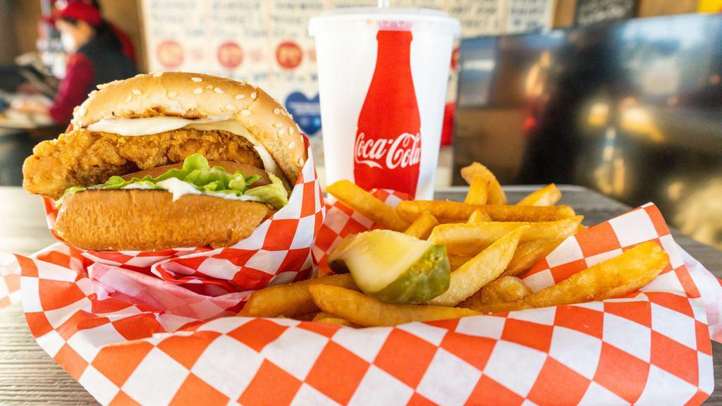 #3 Chicken Sandwich With Fries And 20 Oz. Soda · A special combo that includes a chicken sandwich, fries, and either a medium or large soft drink.