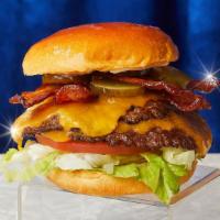 Double Bacon Smash Cheeseburger · Two smash burger patties with bacon, cheddar cheese, lettuce, tomatoes, onion, pickles, and ...