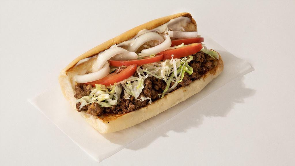 The Classic Chop · Flavorful chopped beef, silky American cheese, crisp shredded lettuce, raw onion, juicy sliced tomato, and a spread of mayonnaise, all served on a hero roll.