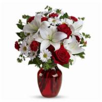 Be My Love Bouquet With Red Roses · Red roses and carnations are exquisitely arranged with white Asiatic lilies and chrysanthemu...