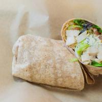 Pesto Chicken Wrap · Basil pesto sauce, chicken breast, bleu cheese crumbles, olives, tomatoes and spinach on who...