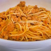 Spaghetti Bolognese · Italian bologna style meat sauce.