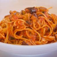 Spaghetti Eggplant Arrabiata · Vegan. Garlic and spicy tomato sauce with eggplant.