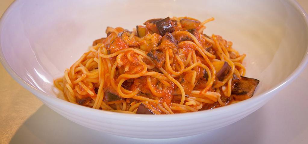 Spaghetti Eggplant Arrabiata · Vegan. Garlic and spicy tomato sauce with eggplant.