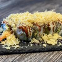 Crunchy Roll · Inside: shrimp tempura, cucumber, avocado, krab. Top: crunchy flakes. Sauce: eel sauce.