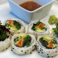 Vegetable Roll · Inside: spring mix, cucumber, avocado, ginger, inari (marinated tofu pocket). Top: soy paper...