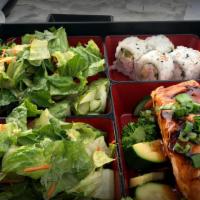 Bento Box - Teriyaki Salmon · With steamed veggies, four-piece California roll, white or brown rice, mixed greens and miso...