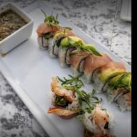 Surf & Turf · Panko shrimp, cucumber, avocado, and asparagus, topped with filet mignon, chimichurri sauce,...