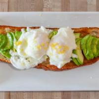 Rustic Avocado Toast · Grilled country French bread with sliced avocado, local Bari olive oil, lemon zest and maldo...