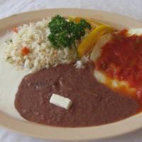 Huevos Rancheros, Plato (Ranch Style Eggs, Plate) · Incluye: arroz, frijoles, y crema. (Ranch Style Eggs Serve With Rice, Beans Cream and 2 Tort...