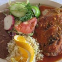 Chile Relleno · Chicken, meat or cheese with rice, beans and salad and 2 tortillas.
 stuffed green chile tha...