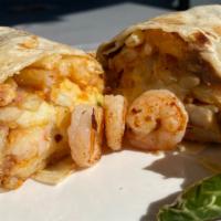 California Shrimp Burrito · Shrimp, Fries, Beans, cheese, avocado and spicy sauce.