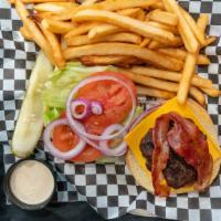 Bacon Cheese Burger · Seasoned fries, Tomato, lettuce, cheese, onions, thousand island.