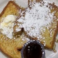 French Toast Platter · Two pieces of French Toast, served with bacon or sausage, two eggs, and a choice of potatoes