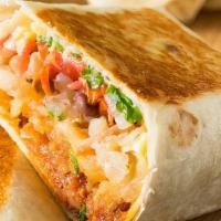 Chile Colorado Beef Breakfast Burrito · Two scrambled eggs with beef in red sauce, potato, melted cheese, beans, pico de gallo wrapp...