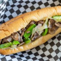 Cheesesteak “Works” · Cheese, grilled onion, peppers & mushroom.