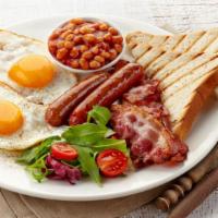 Meat Lovers Breakfast · Three fresh eggs, 2 strips of bacon, 2 sausages, ham, hashbrowns, toast, and beans.