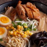 Chicken Ramen · Grilled chicken, boiled egg, bamboo shoots kikurage mushroom, green onions, and sprouts corn.