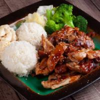 Teriyaki Chicken · Comes with 2 scoops white rice and a scoop of house-made macaroni salad and Steamed Veggies
