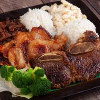 Bbq Mix Plate · BBQ Chicken, BBQ Beef and Short rib.
Comes with 2 scoops white rice and a scoop of house-mad...