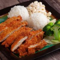 Chicken Katsu · Comes with 2 scoops white rice and a scoop of house-made macaroni salad and Steamed Veggies,...
