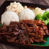 Bbq Chicken & Beef · Comes with 2 scoops white rice and a scoop of house-made macaroni salad and Steamed Veggies
