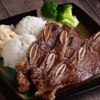 Kalbi Short Ribs (3 Pcs) · Comes with 2 scoops white rice and a scoop of house-made macaroni salad and Steamed Veggies