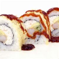 Crunch Roll · In: crab, avocado, cucumber, shrimp tempura. Out: tempura flakes.