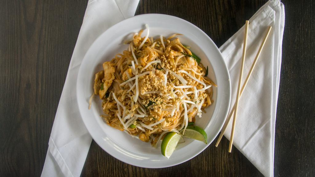 Pad Thai · Pad thai noodles, bean sprouts, green onions, egg, ground peanuts.