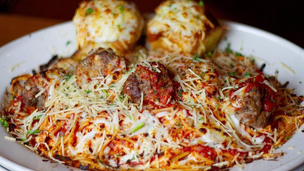 Baked Pasta · Famous Baked Pasta (feeds 2-3) Baked with mozzarella & parmesan with butter rolls on the side. Choice of meatballs or chicken and choice of marinara or alfredo sauce.