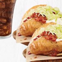2 Fish Tacos & Drink · Wild-Caught Alaska Pollock*, beer-battered and cooked to crispy perfection, served on corn t...