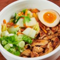 Chicken Chashu Bowl · Chicken Chashu with an assortment of Mixed Vegetables, Green Onions  and 1/2 Ramen egg on to...
