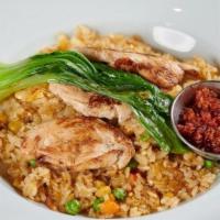 Chicken Chashu Fried Rice · Chicken Chashu, Rice, Egg, Mixed Veggies, Sesame Seeds, and grilled Baby Bok Choy with Fried...