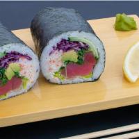 Poke Sushi Burrito · Choice of tuna or salmon poke, cucumber, red cabbage, seaweed salad, avocado, crab salad, an...