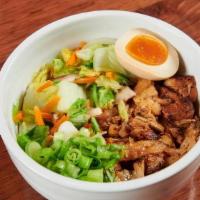Pork Chashu Bowl · Pork Chashu with an assortment of Mixed Vegetables, Green Onions  and 1/2 Ramen egg on top o...